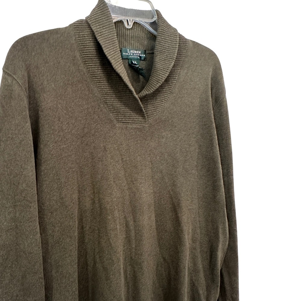 Lauren Ralph Lauren Sweater Olive Green Brown 100% Cotton Shawl Collar Petite L